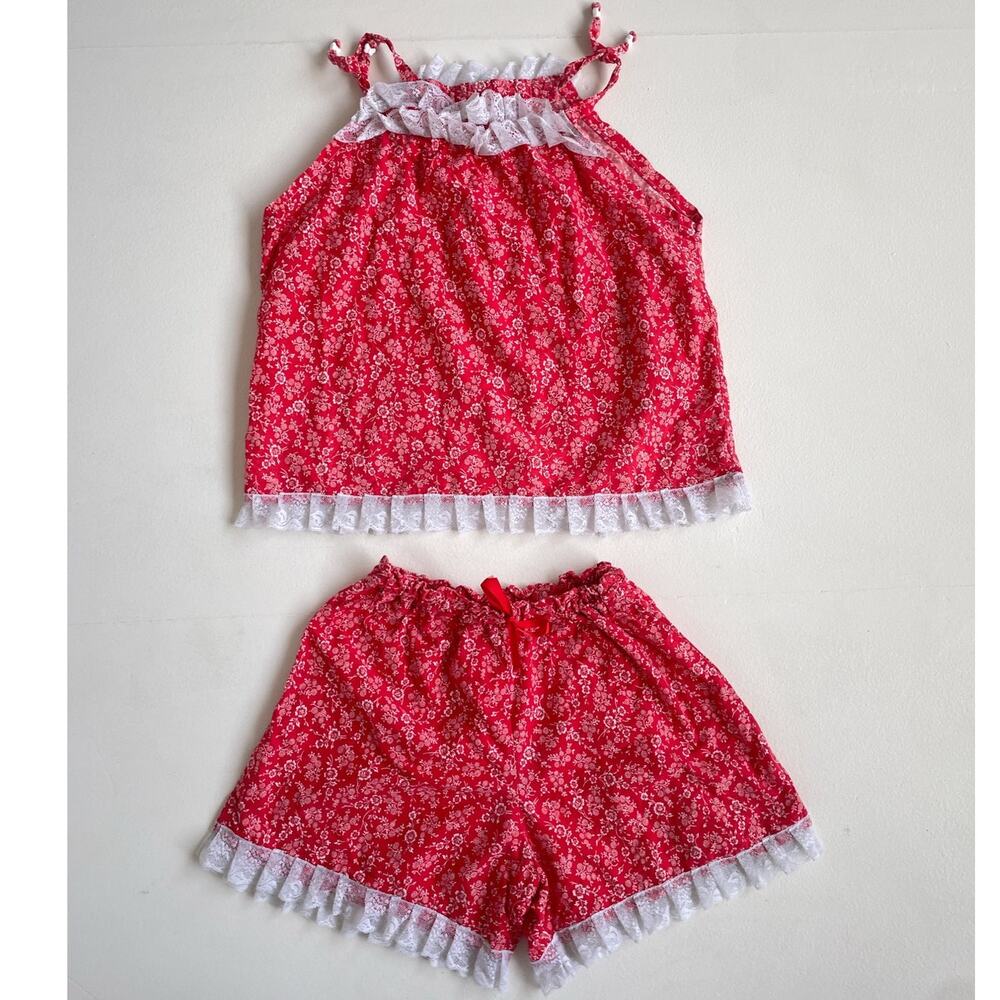 Vtg Handmade Red Floral Lace Two Piece Shorts + Camisiole Set S/M Dollette